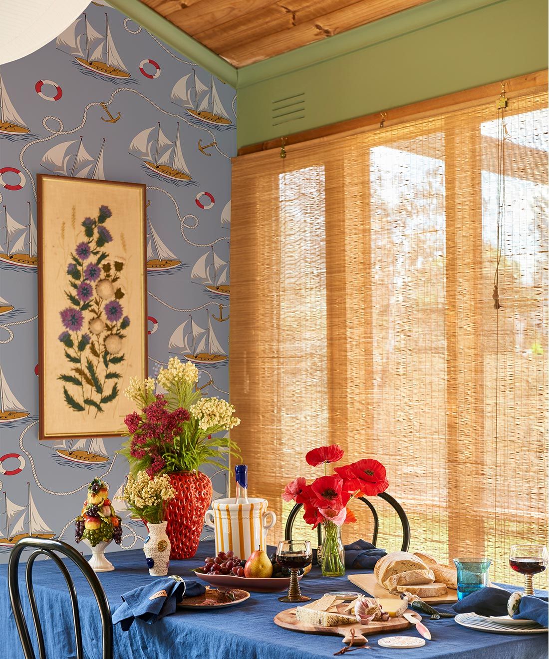 Hey Sailor Wallpaper • Kip&Co • Sailboats and Buoys • Nautical Wallpaper • Light Blue • Insitu with Table