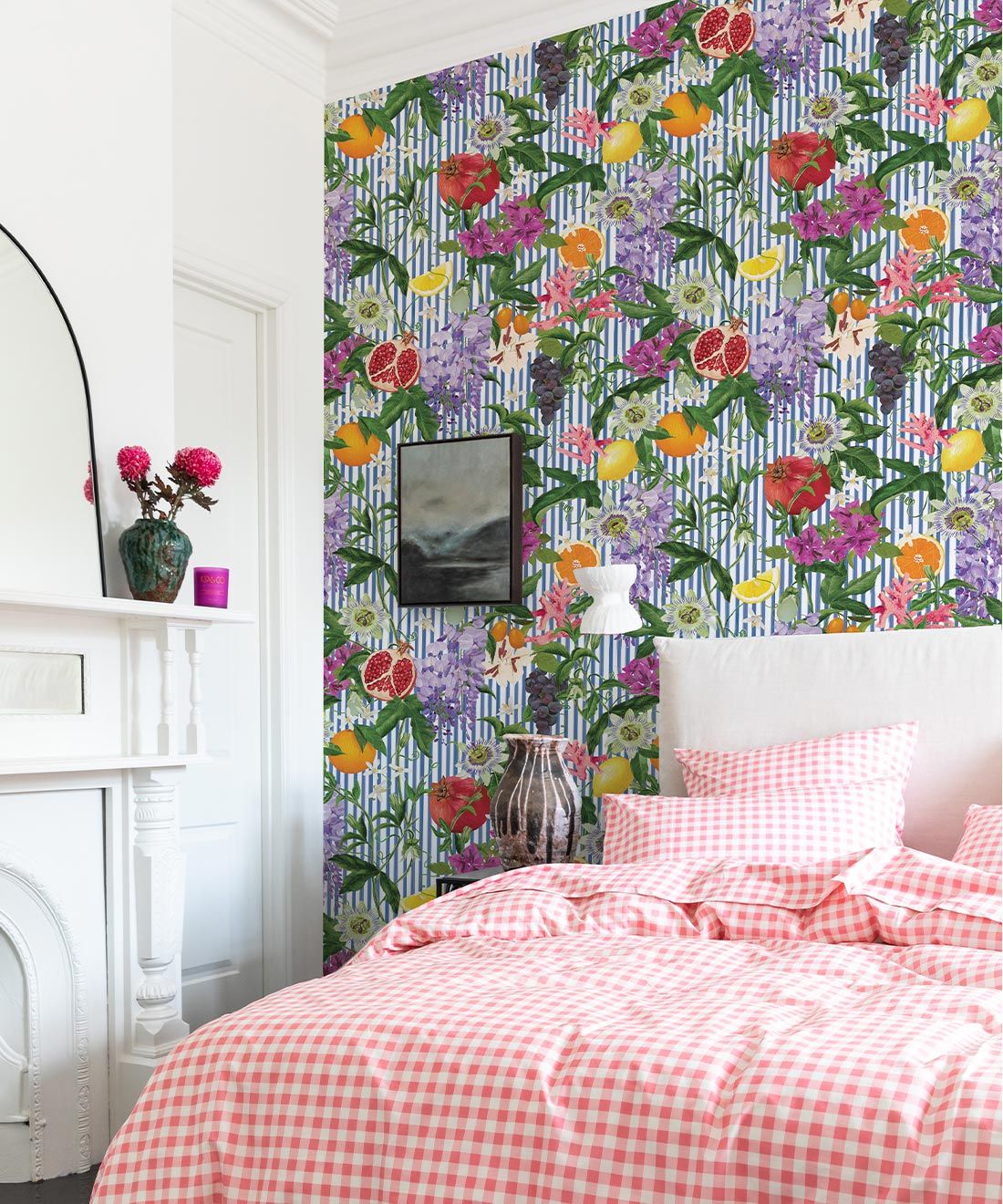 Summer In Sicily Wallpaper • Kip&Co • Fruit Wallpaper • Blue & White • Insitu with Pink Bed