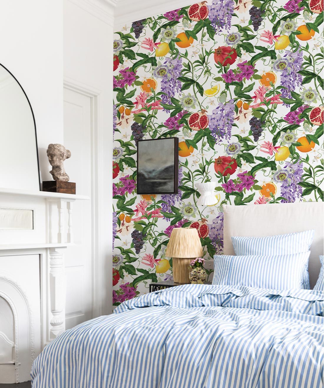 Summer In Sicily Wallpaper • Kip&Co • Fruit Wallpaper • White • Insitu with blue bed