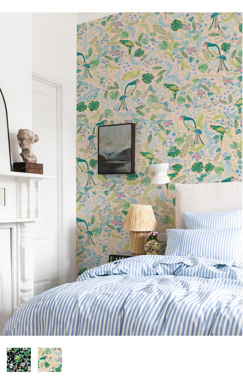 Tropical Paradise Wallpaper • Kip&co • Peach • Insitu with Blue Bedding