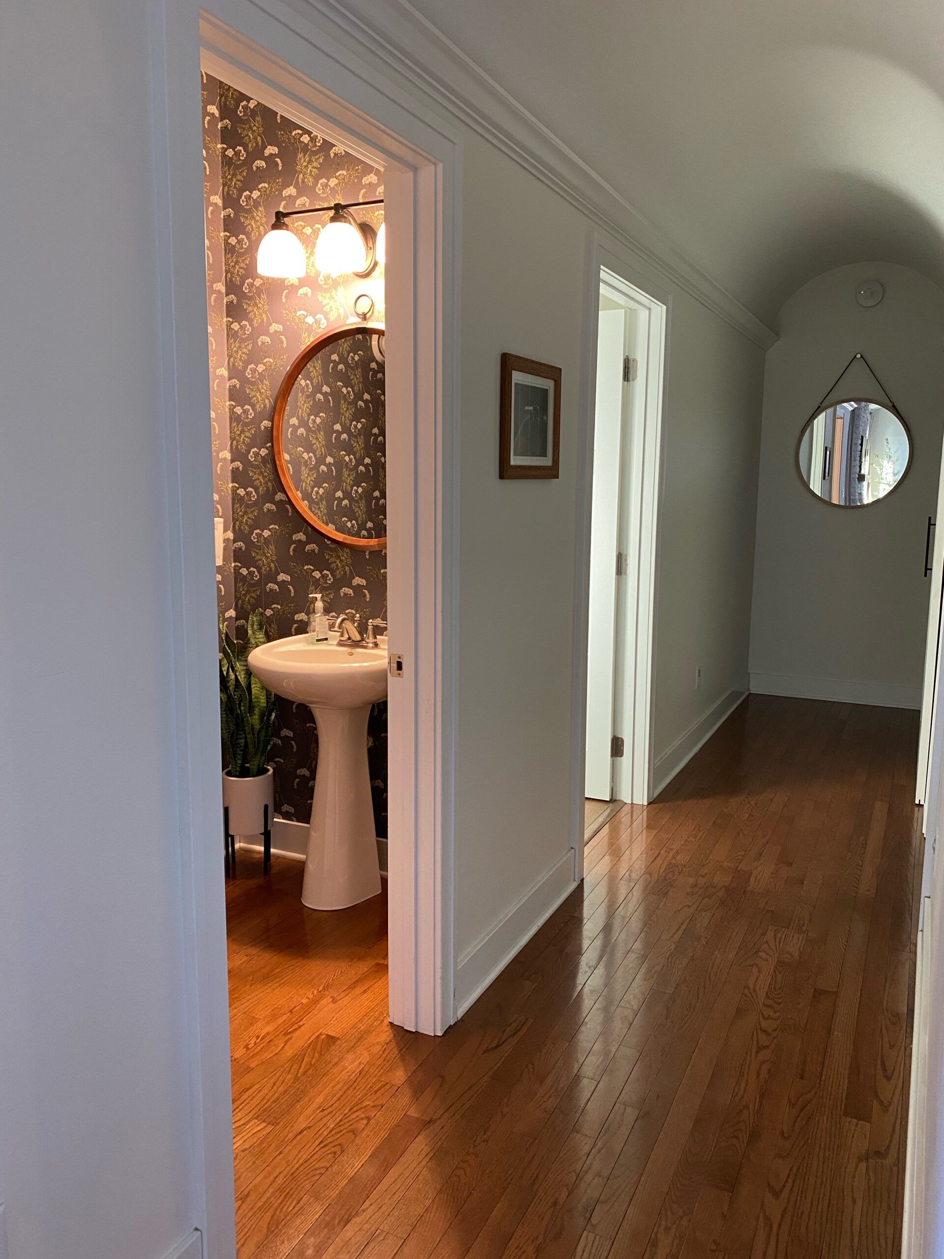 Ally McDowell MidwestMamaLiving Powder Room Makeover using Cicely Wallpaper • Hallway view