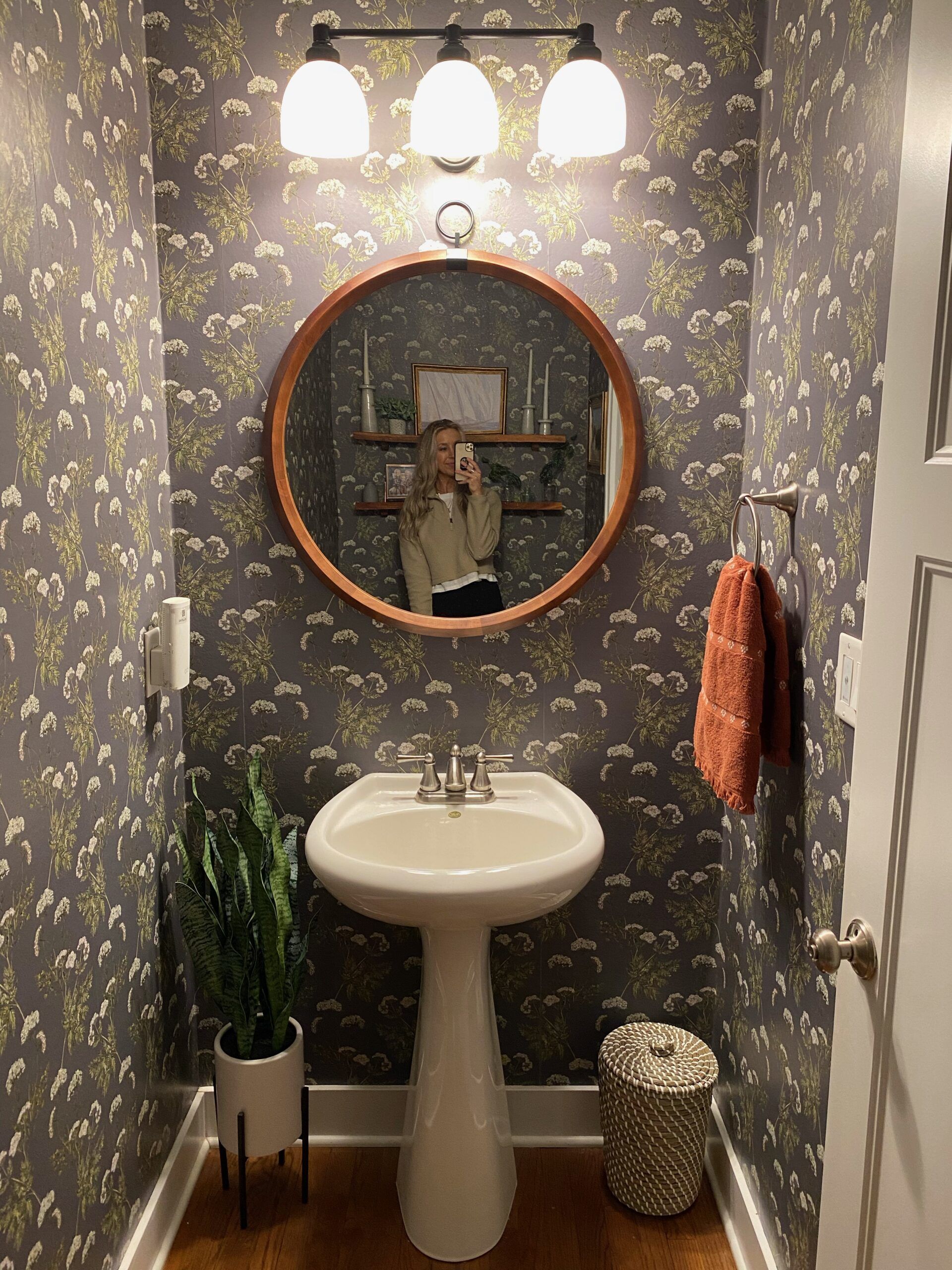Ally McDowell MidwestMamaLiving Powder Room Makeover using Cicely Wallpaper • Vanity view