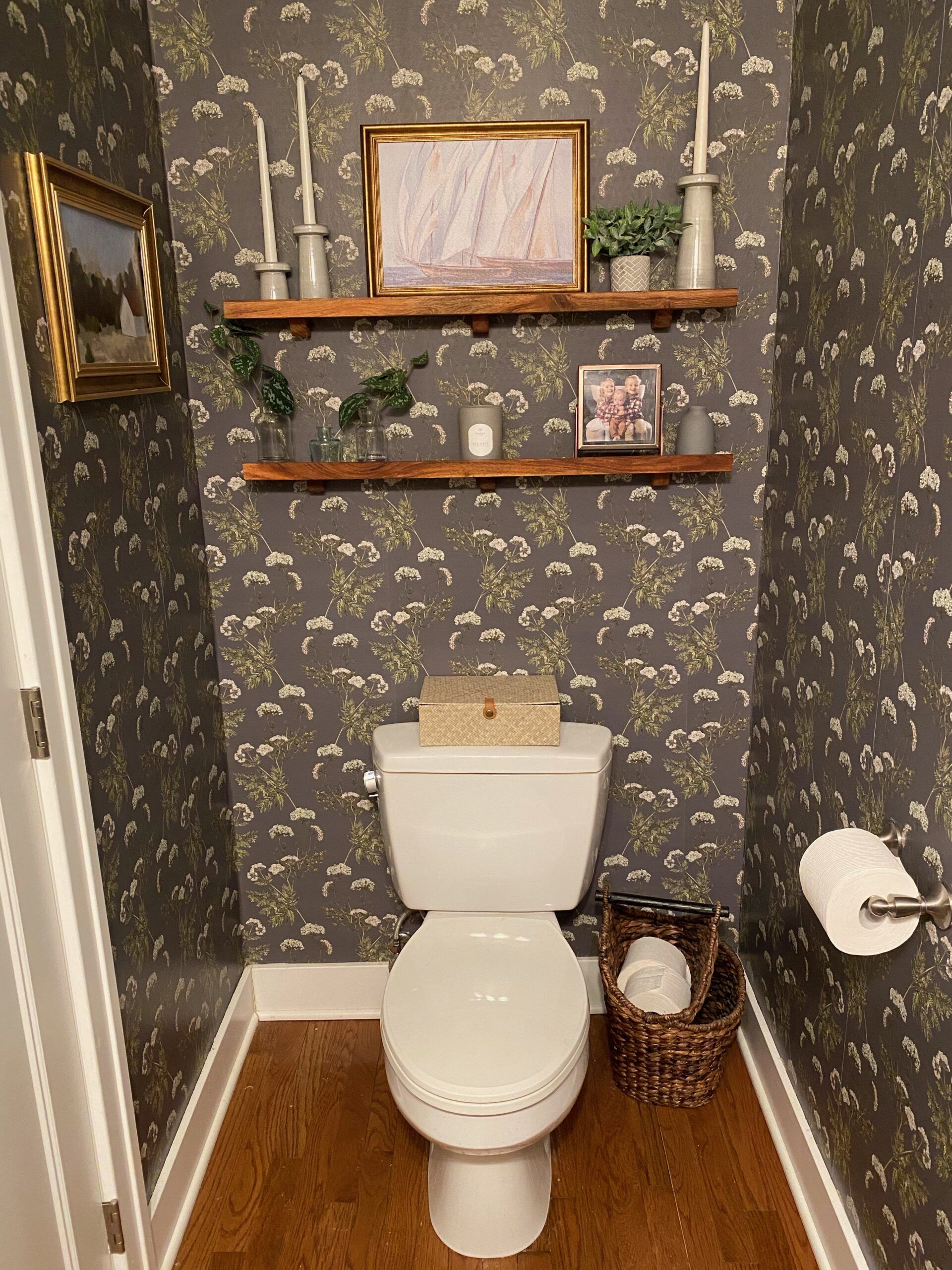 Ally McDowell MidwestMamaLiving Powder Room Makeover using Cicely Wallpaper • Toilet view