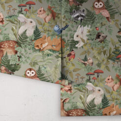 In The Woods Wallpaper • Children's Wallpaper • Dusty Green • Roll