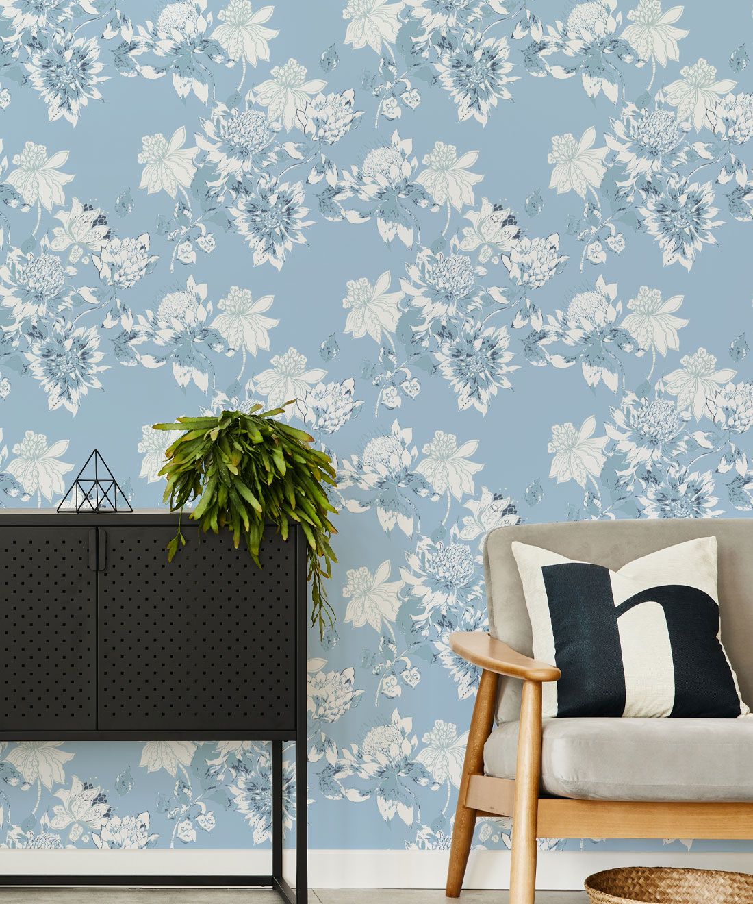 Protea Wallpaper • Floral Wallpaper • Bell Blue • Insitu