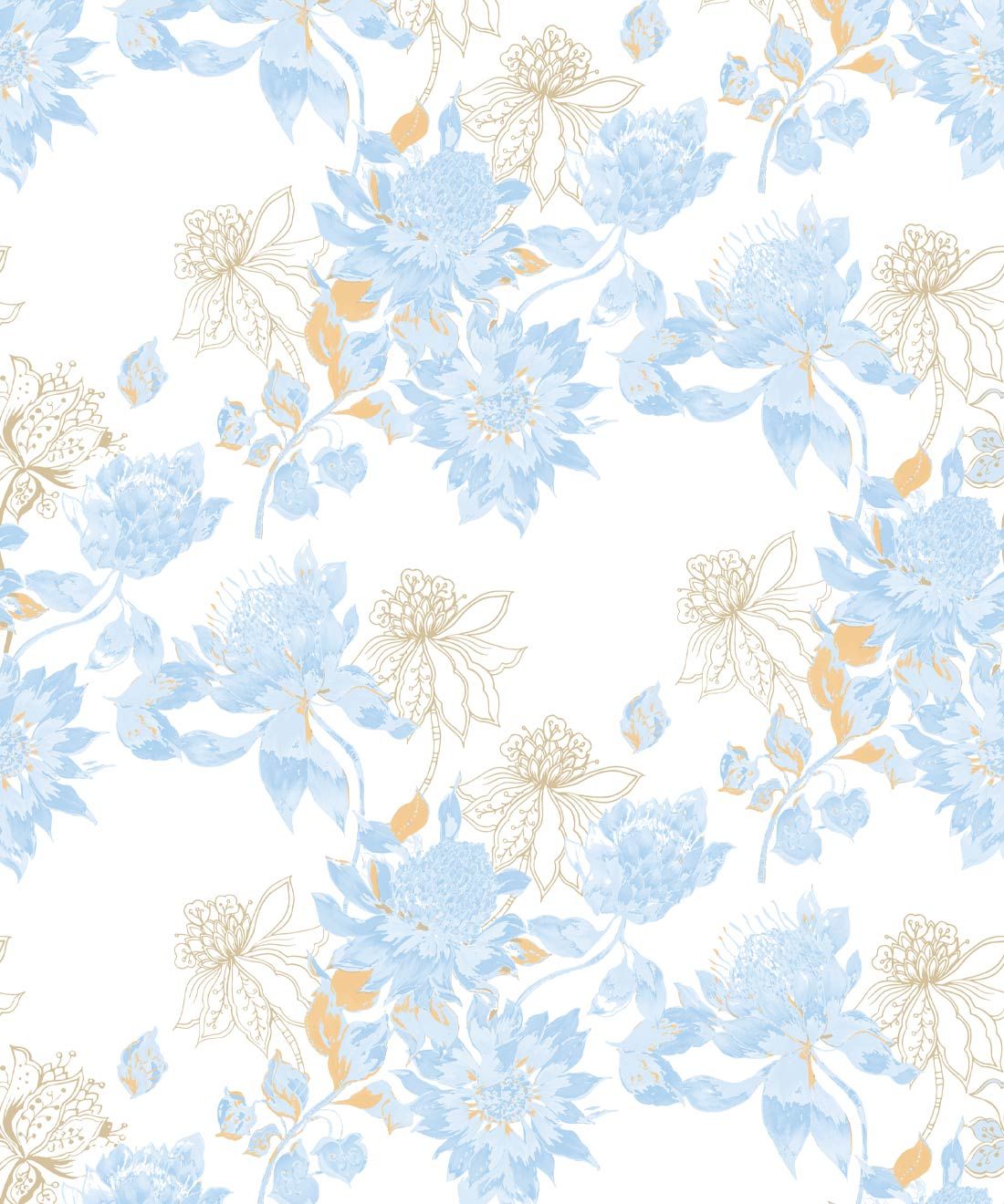 Protea Wallpaper • Floral Wallpaper • Bell Blue Honey • Swatch