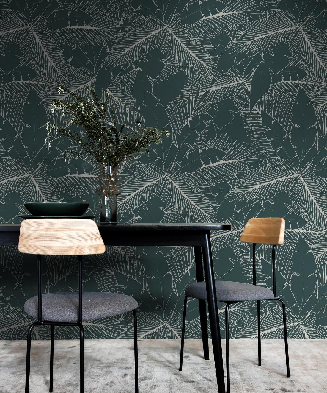 Art Deco Palm Wallpaper • Tropical Wallpaper • Forest Green • Insitu