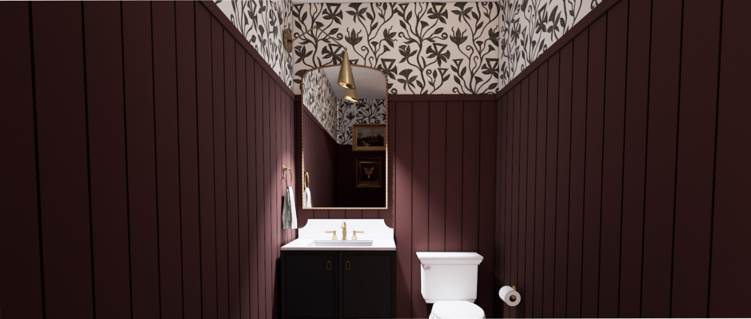 a burgundy bathroom with wallpaper