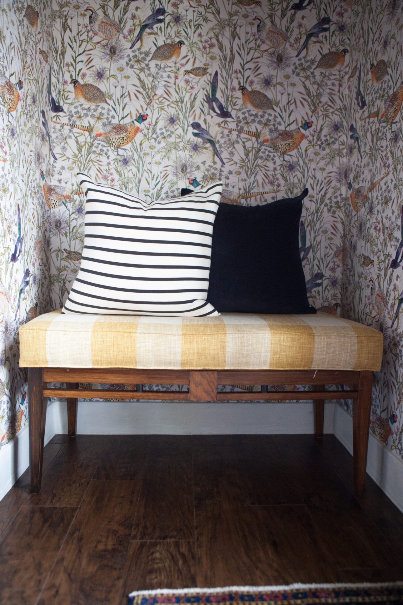 Woodland Birds • Entryway • Angela Fahl •Yellow Bench seat with striped pillow