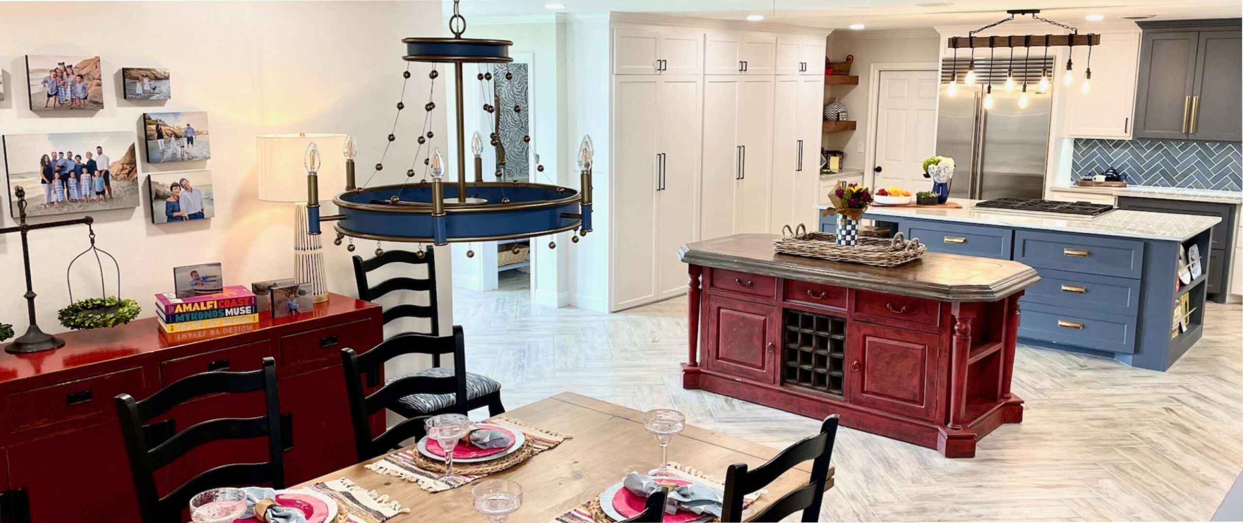 a classic home, open plain living-dining room with herringbone floors