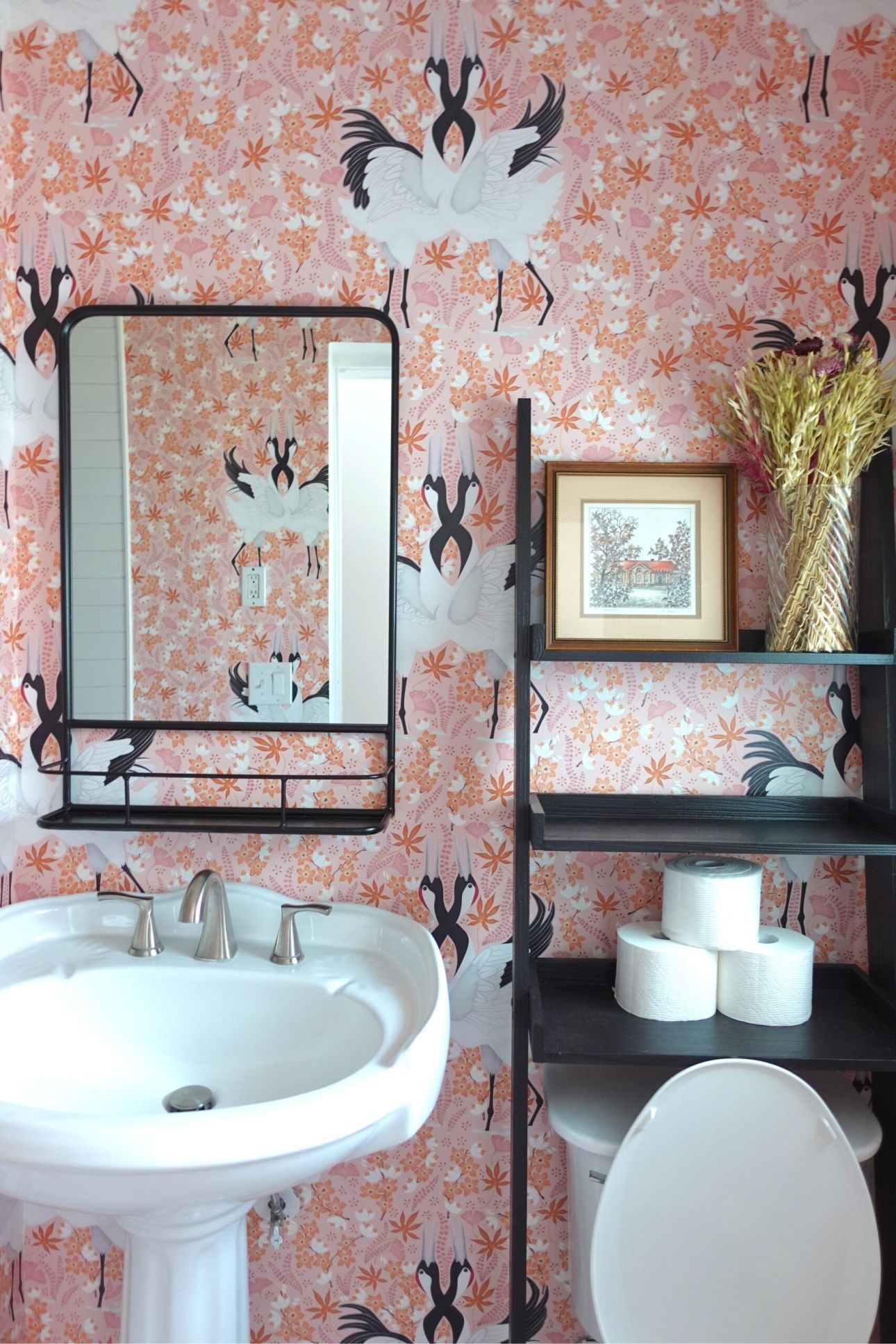 Light pink & floral Japanese cranes installed in a bathroom