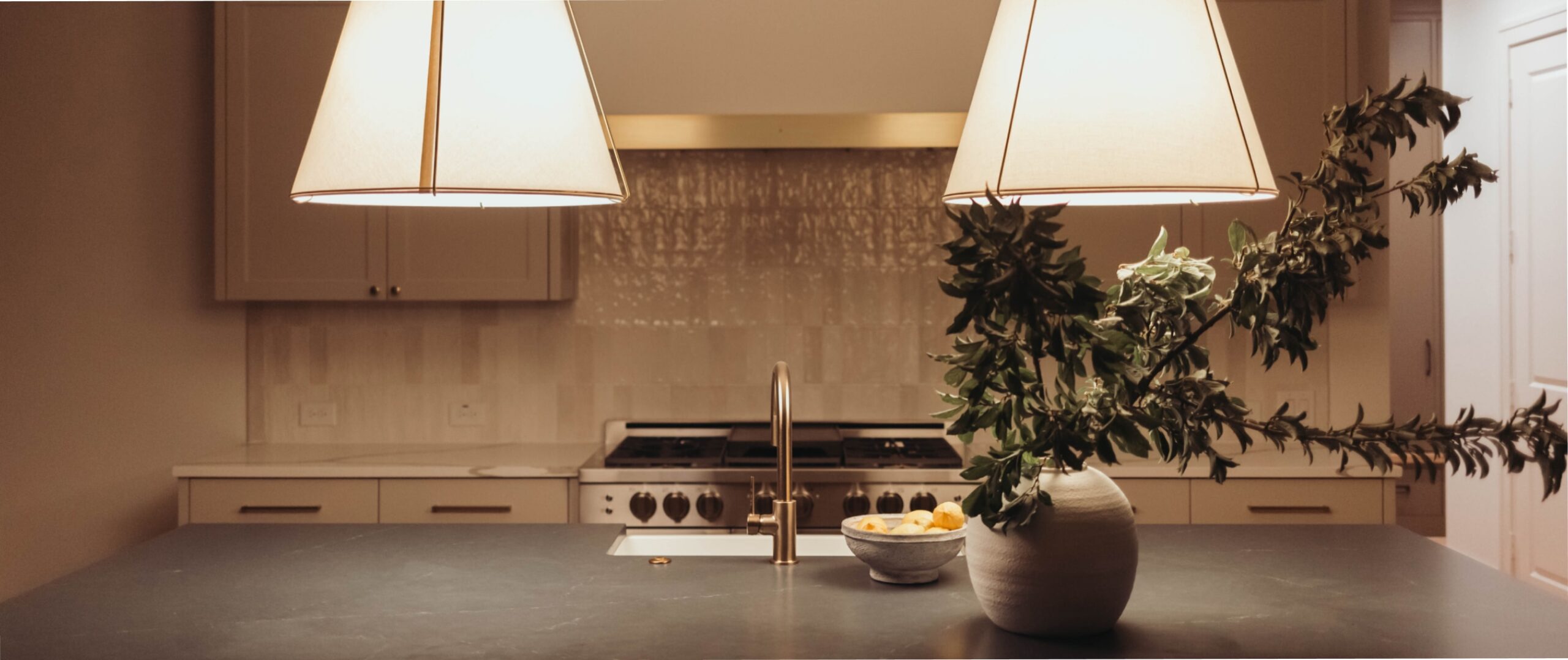 a gorgeous modern kitchen with a dark countertop