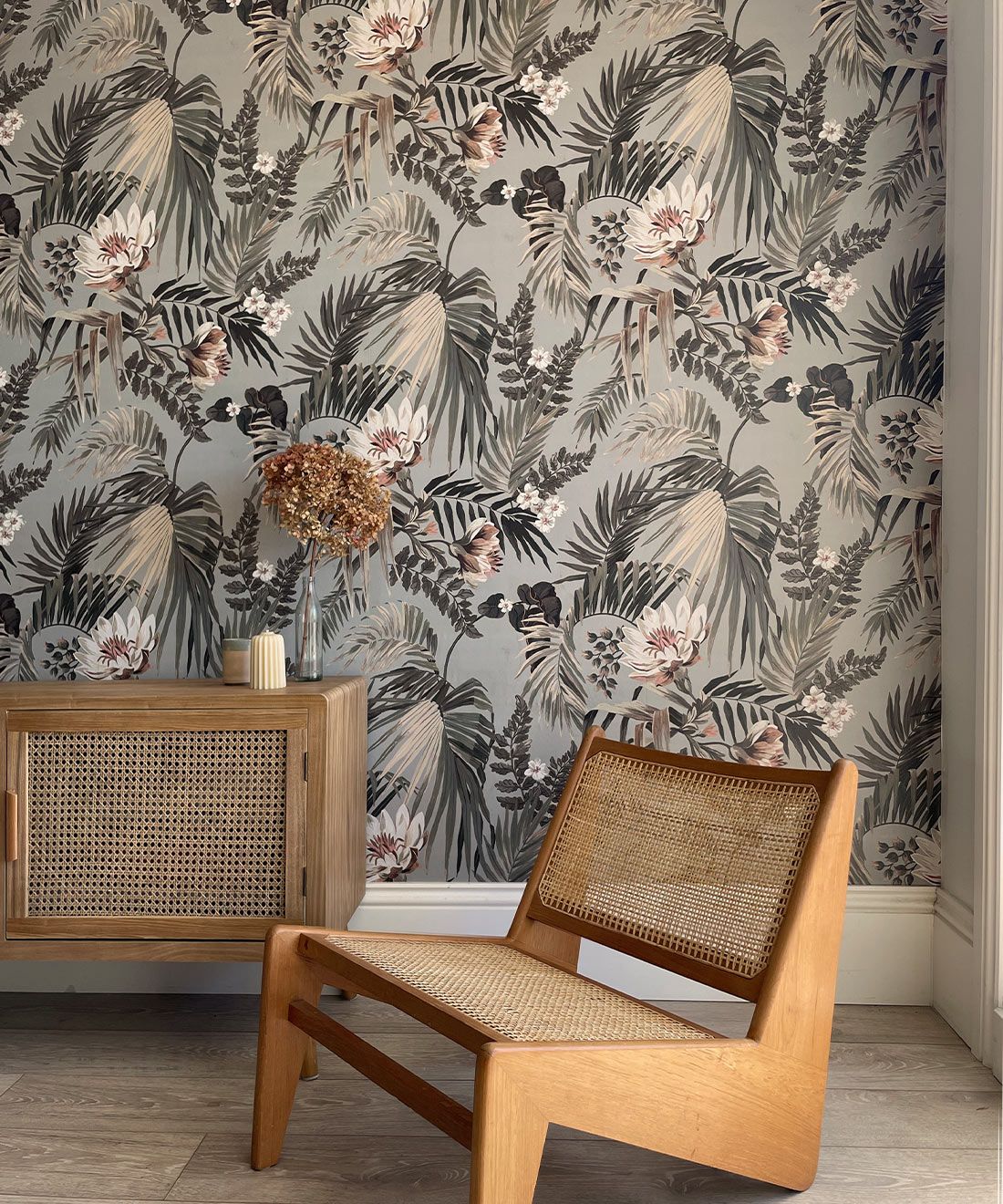 Majestic Palm Wallpaper • Fog • Insitu with chair