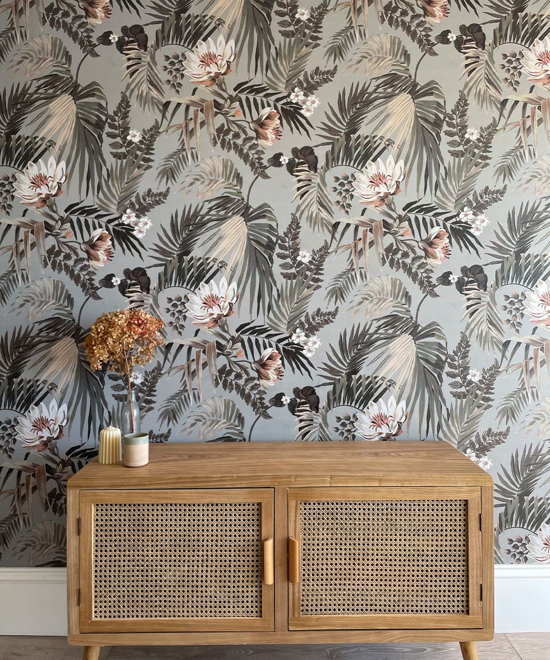 Majestic Palm Wallpaper • Fog • Insitu with cabinet