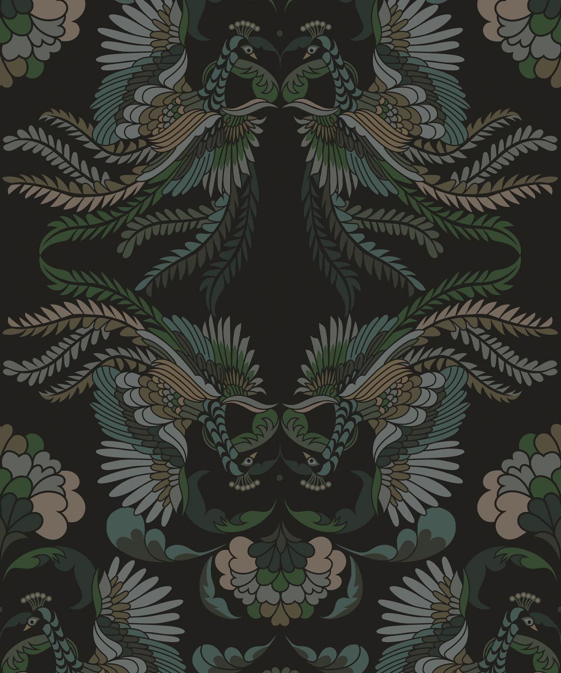 Prancing Peacocks Wallpaper • Midnight • Swatch