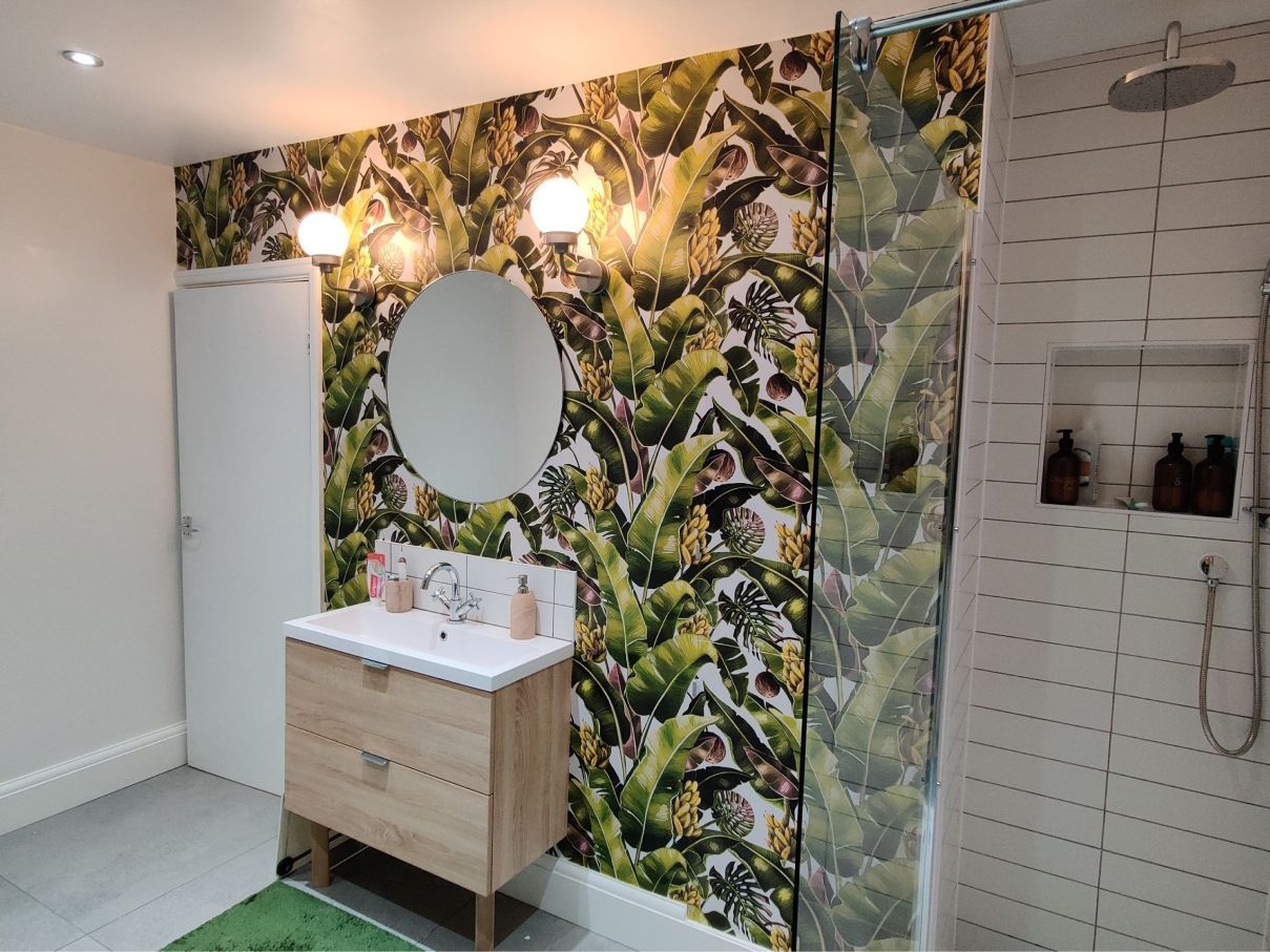 Kingdom Palm Wallpaper • Tropical Wallpaper • Wallpaper In the Bathroom • How To Waterproof Your Wallpaper • Michaela Livingstone-Banks • Andrew Dillon Decorating