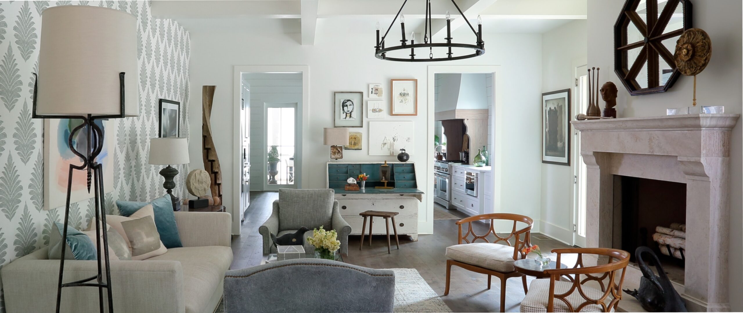 Modern living room with wallpapered walls