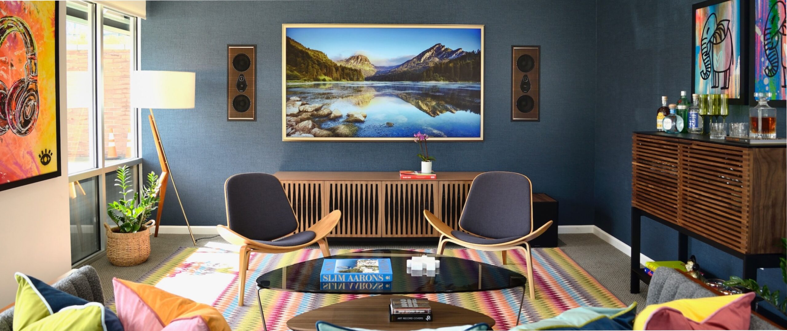 a brightly colored mid-century modern living room