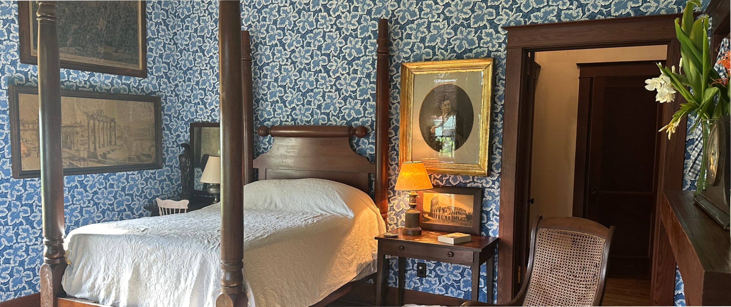 cottage-core room with blue wallpaper