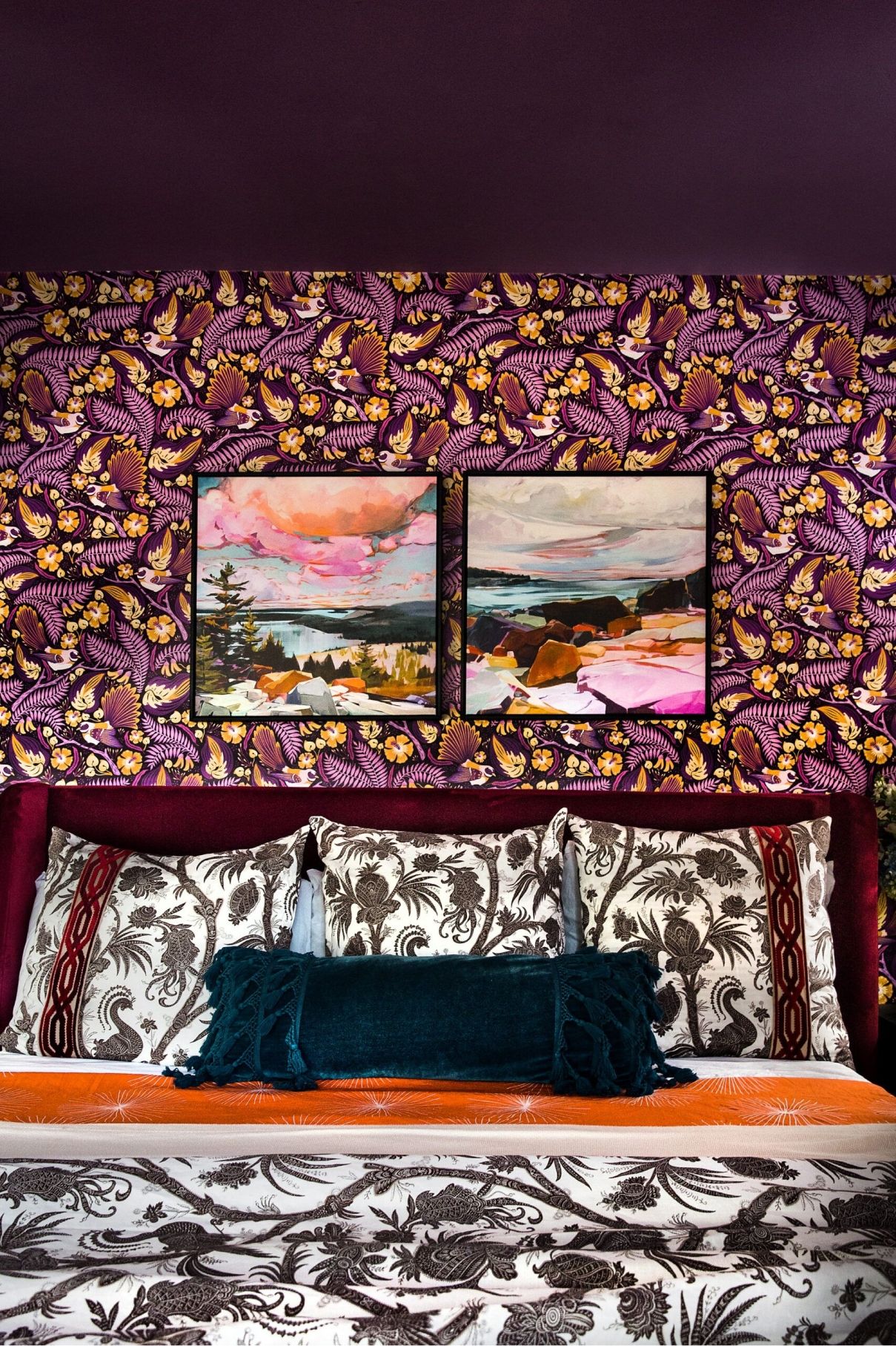 Fantails Wallpaper • Folklore & Flora • Maroon Wallpaper • Purple Wallpaper • Rachel Moriarty Interiors • Deborah Shields Photography