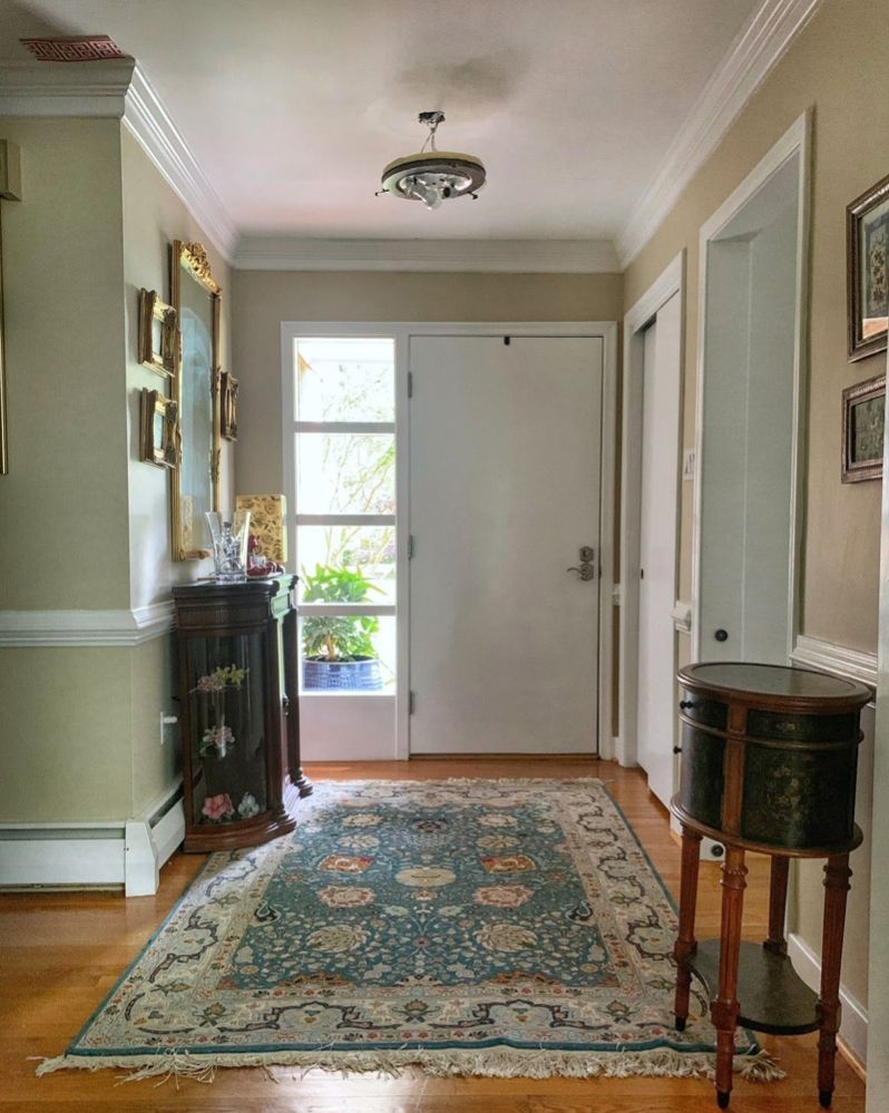picture of entry way. there is a white front door. there is a turquoise area rug on the floor. There are golden framed pictures on the left wall.