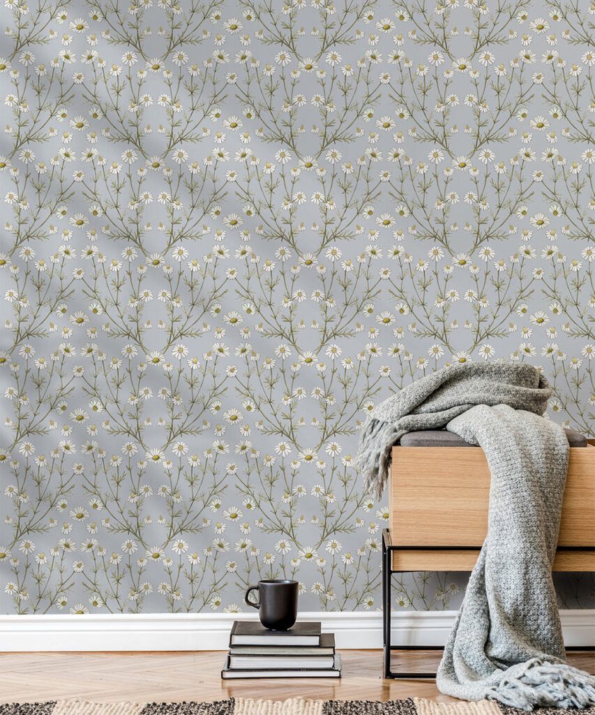 Wallpaper Republic - Floral Emporium Collection - Daisy Damask - Dusty Blue - Insitu