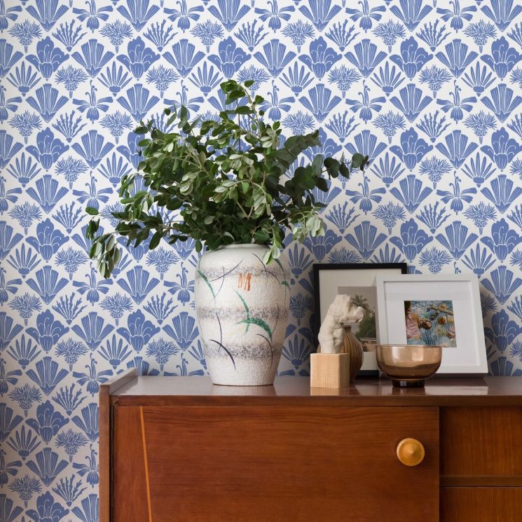Fanned Flowers Wallpaper - Colorway: Blue - by Wallpaper Republic - In The Bloom Collection - Insitu