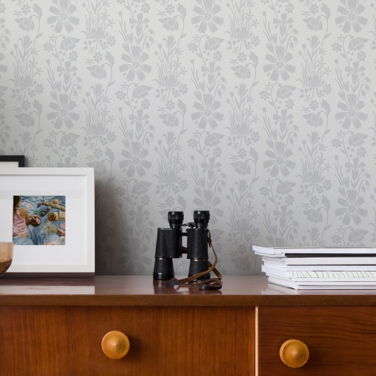 Corsage Wallpaper - Colorway: Grey - by Wallpaper Republic - In The Bloom Collection - Insitu