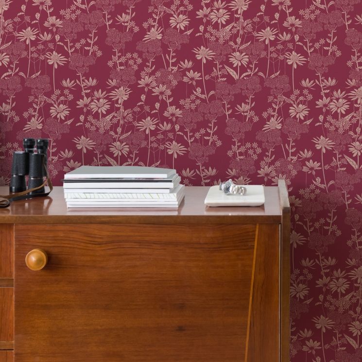 London Street Flowers Wallpaper - Colorway: Burgundy - by Wallpaper Republic - In The Bloom Collection - Insitu