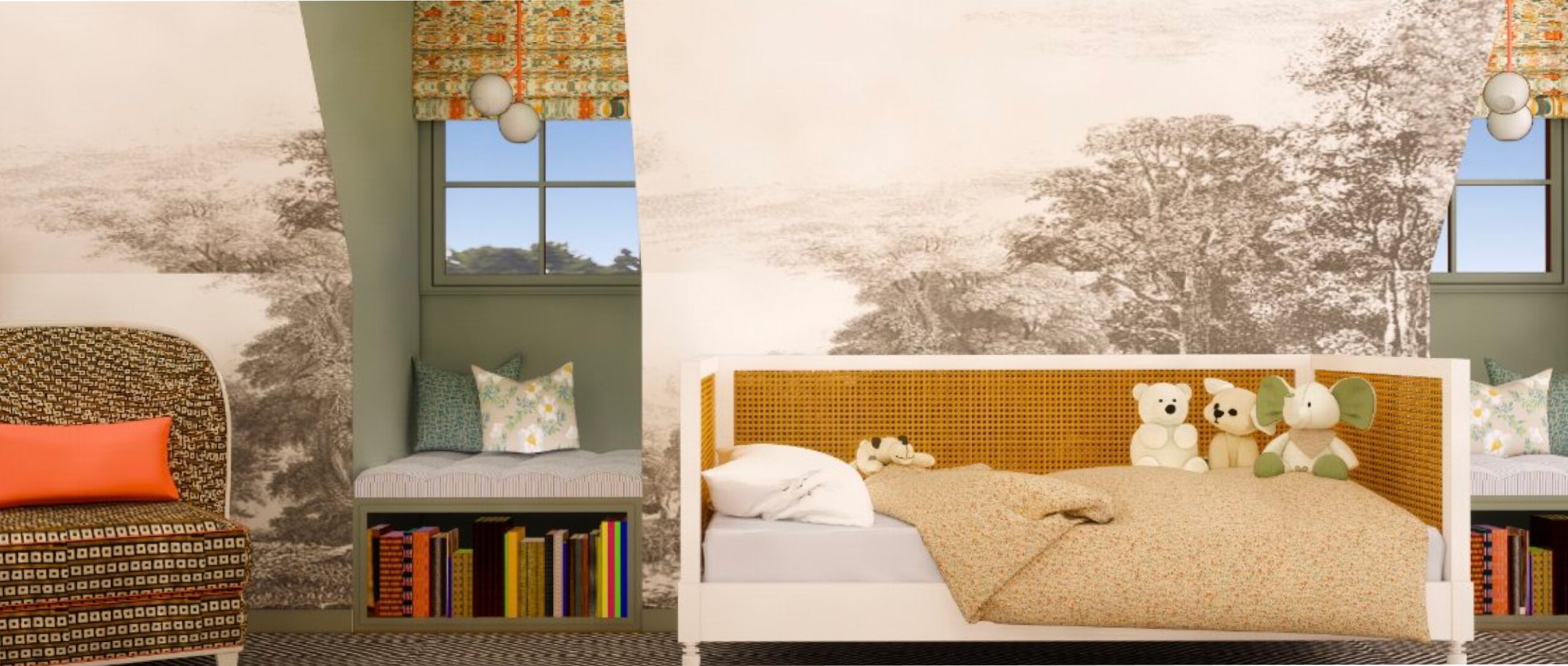 a cute nursery with a mural wallpaper