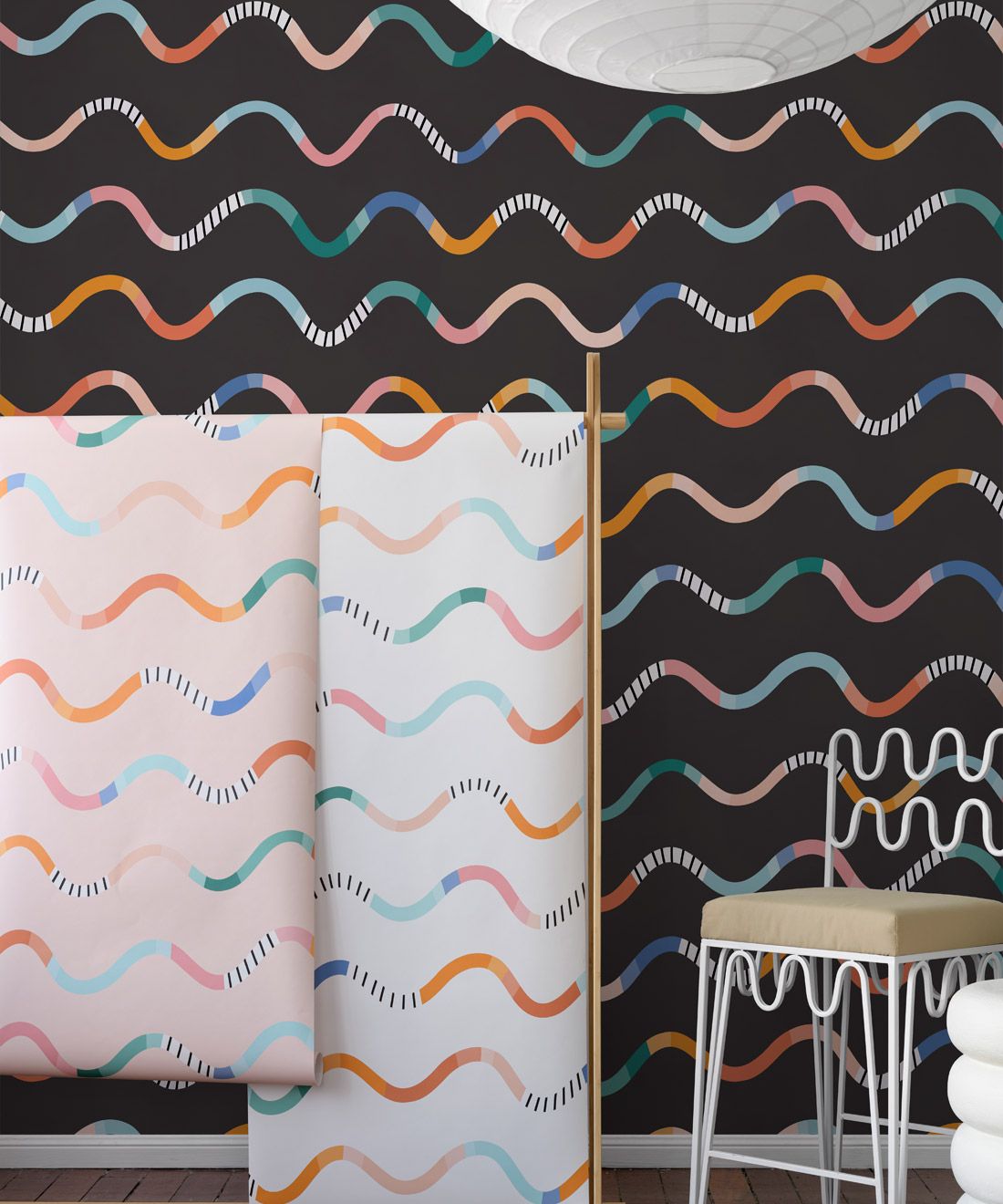 Happy Waves Wallpaper • Charcoal • Insitu