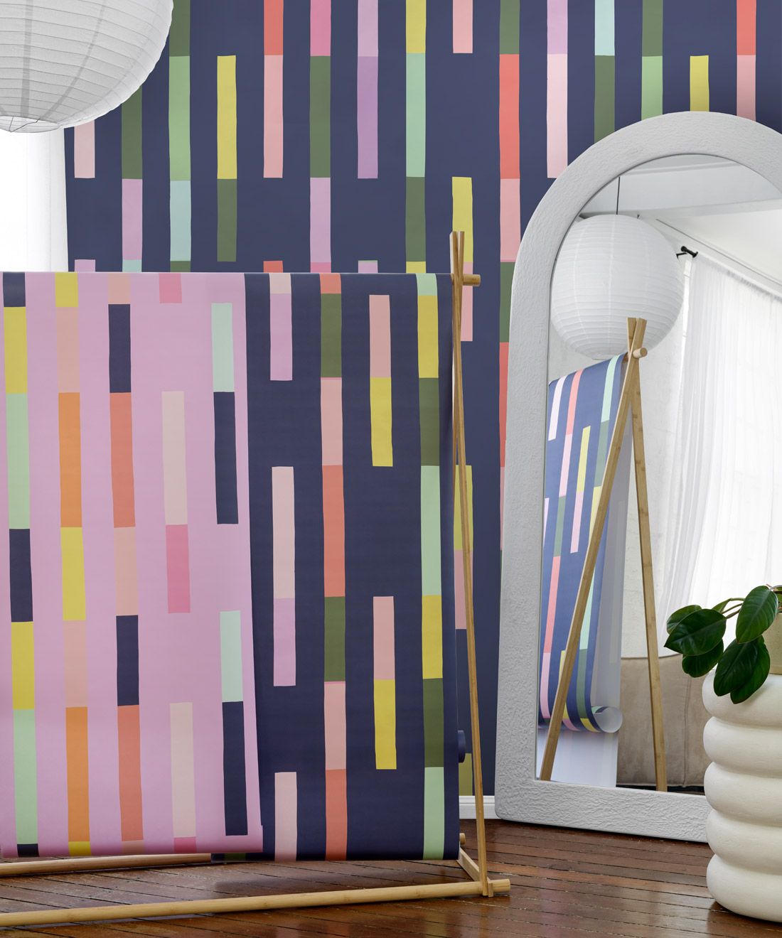 Sweet Rainbow Stripe Wallpaper • Navy • Insitu