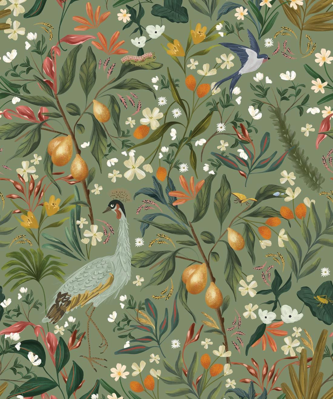 Balearic Cranes Wallpaper • Sage • Swatch