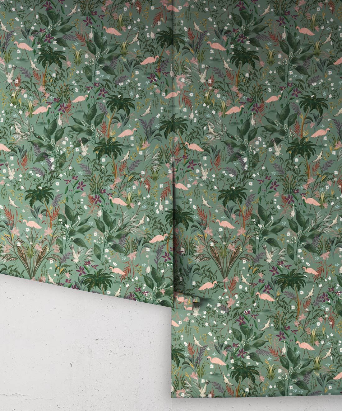 Bespoke Flamingos Wallpaper • Laurel Green • Rolls