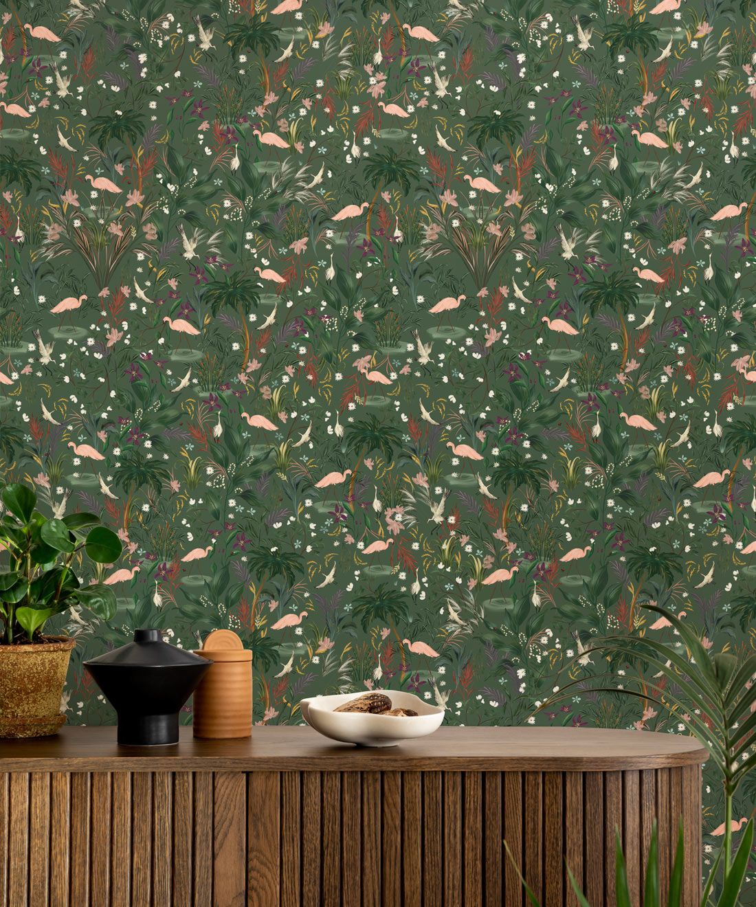 Bespoke Flamingos Wallpaper • Mineral Green • Insitu