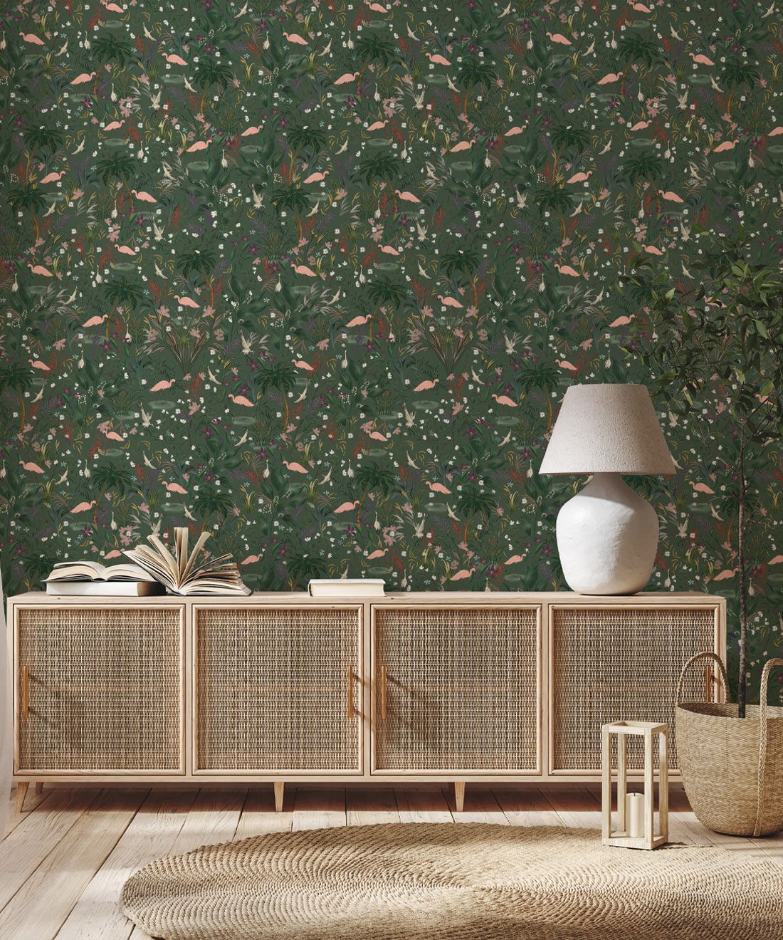 Bespoke Flamingos Wallpaper • Mineral Green • Insitu