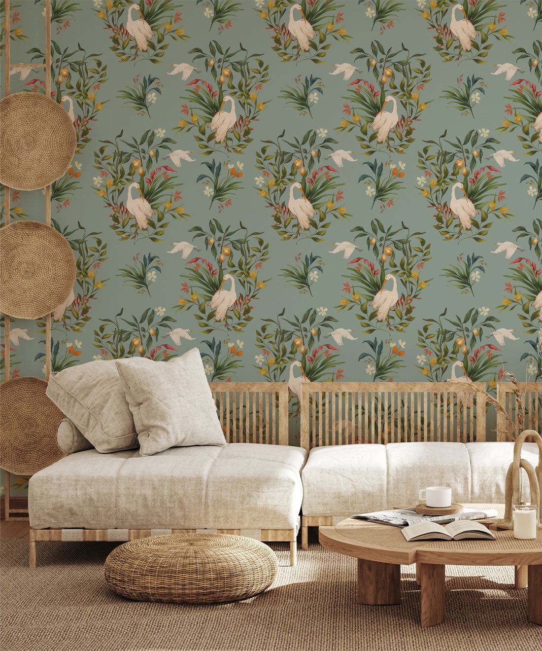 Prima Ballerina Crane Wallpaper • Duck Egg • Insitu