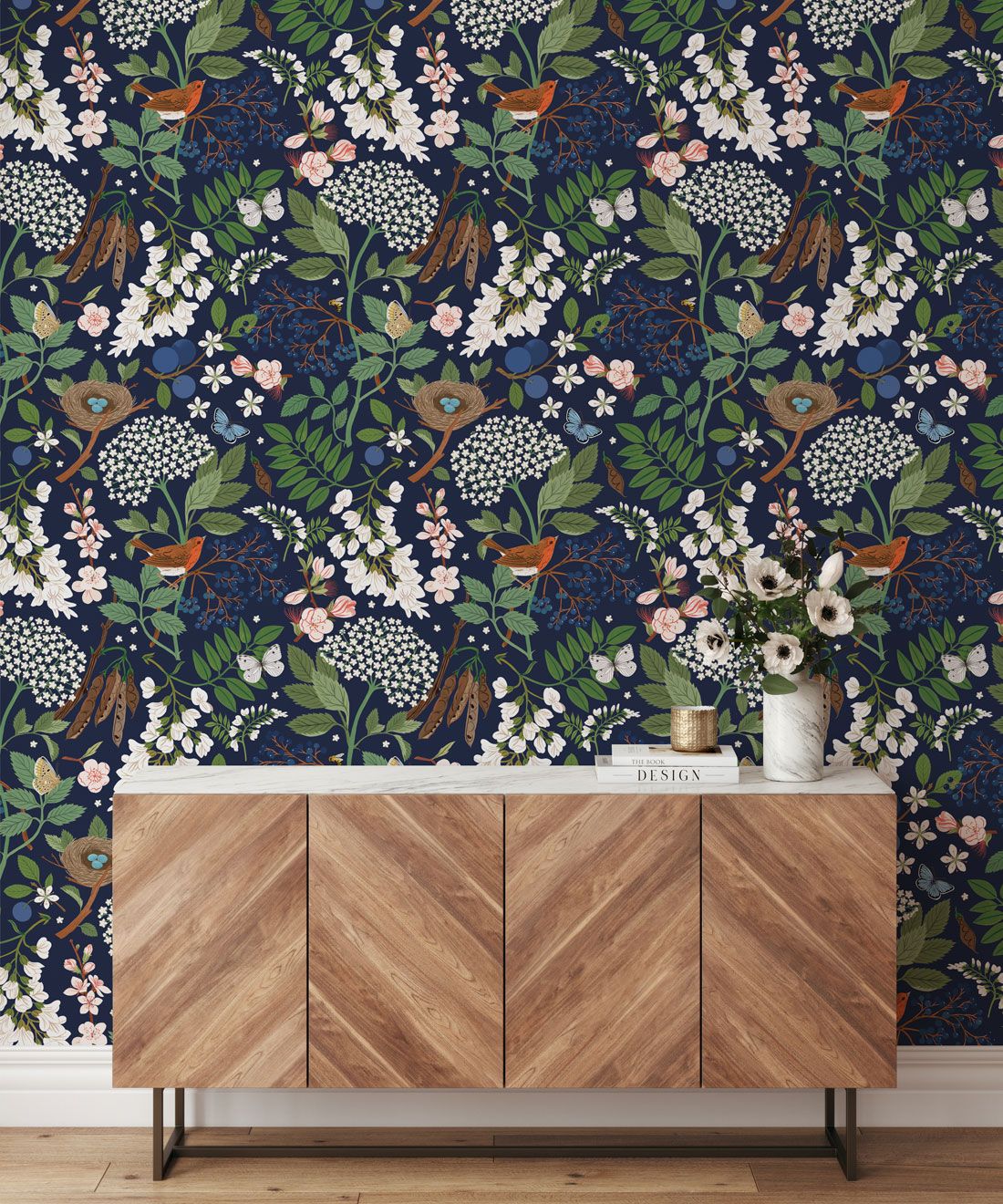 Flowering Trees Wallpaper • Navy • Insitu