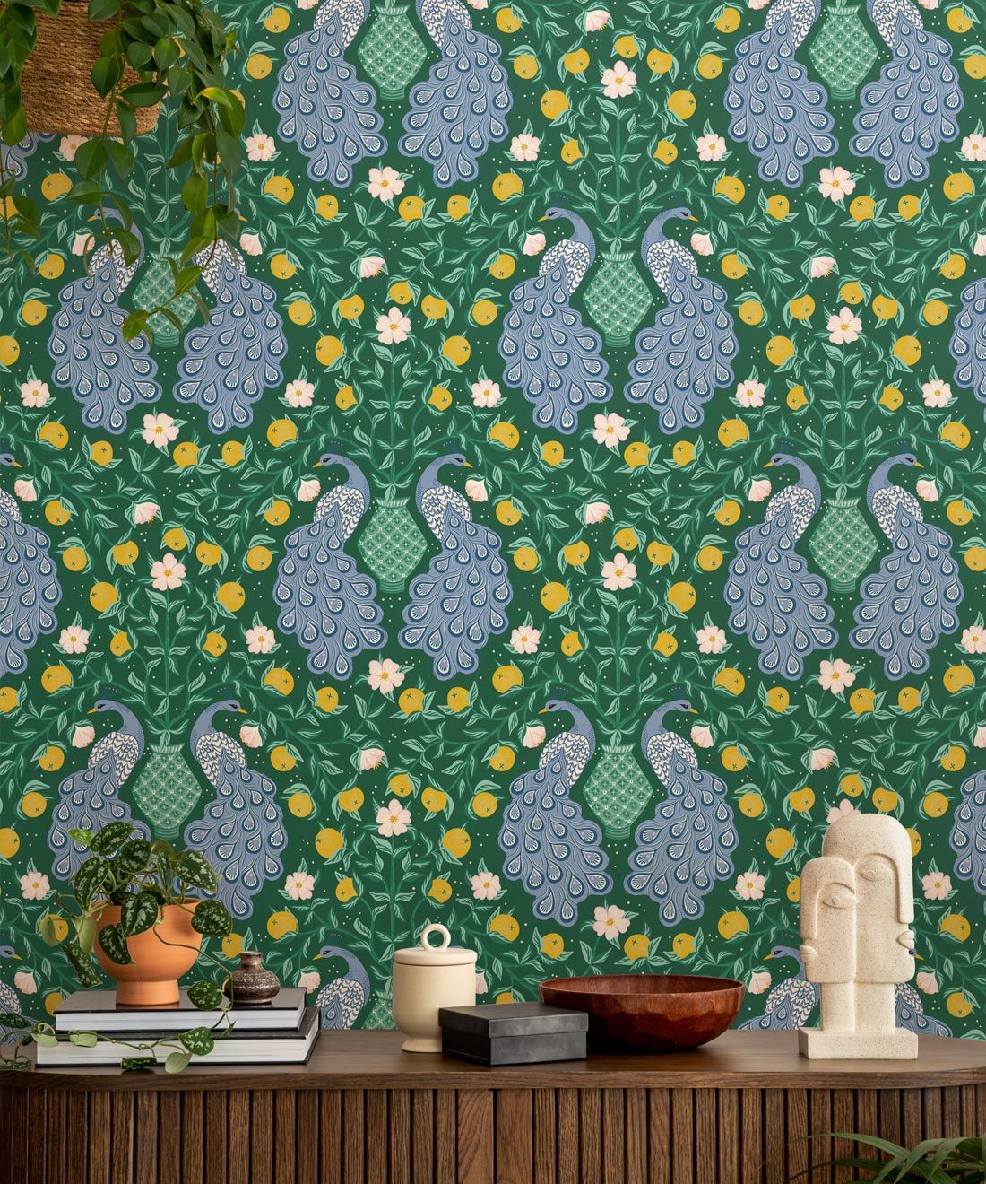 Peacock Wallpaper • Forest Green • Insitu