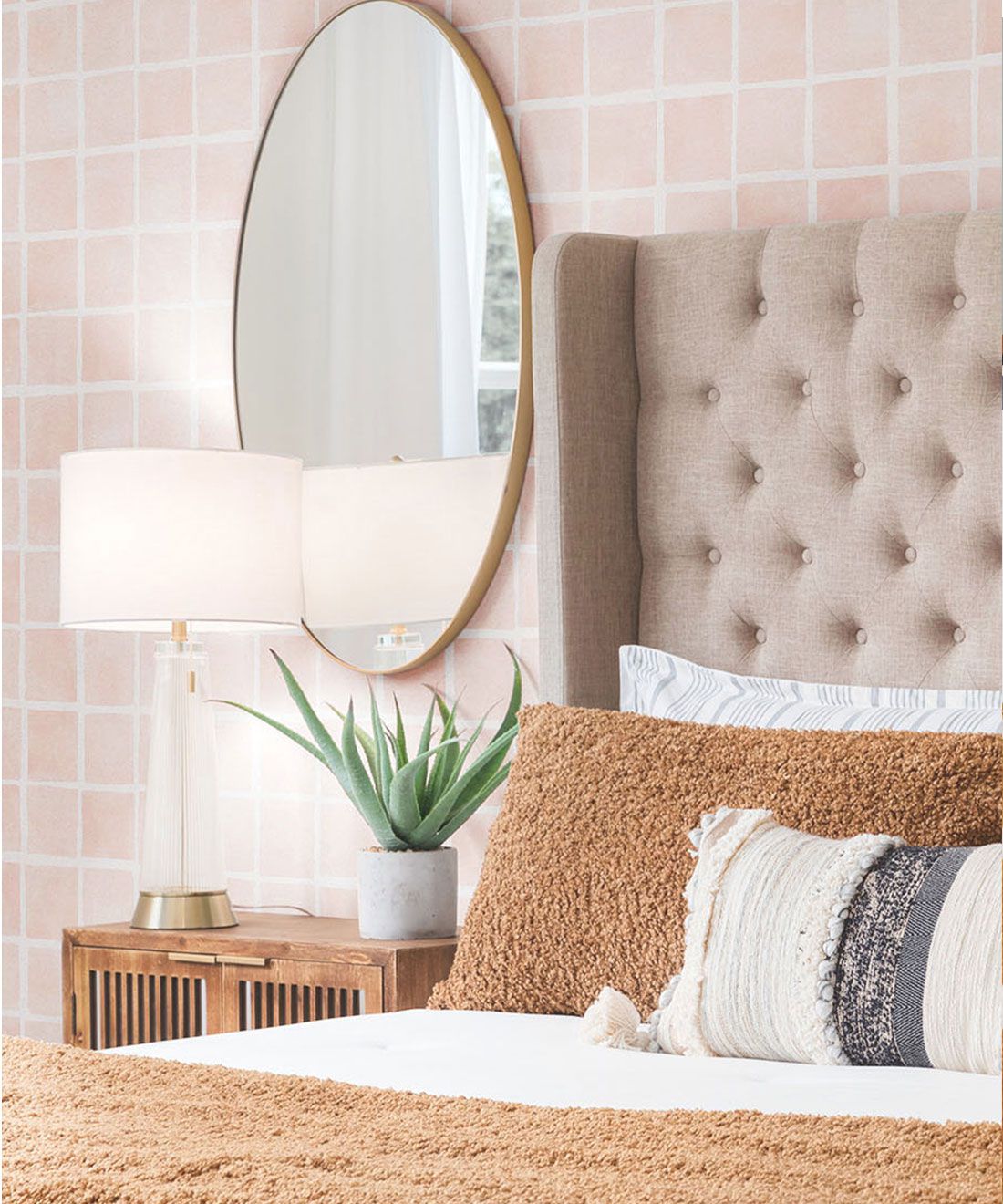 Salmon white geometric pattern installed in neutral bedroom.