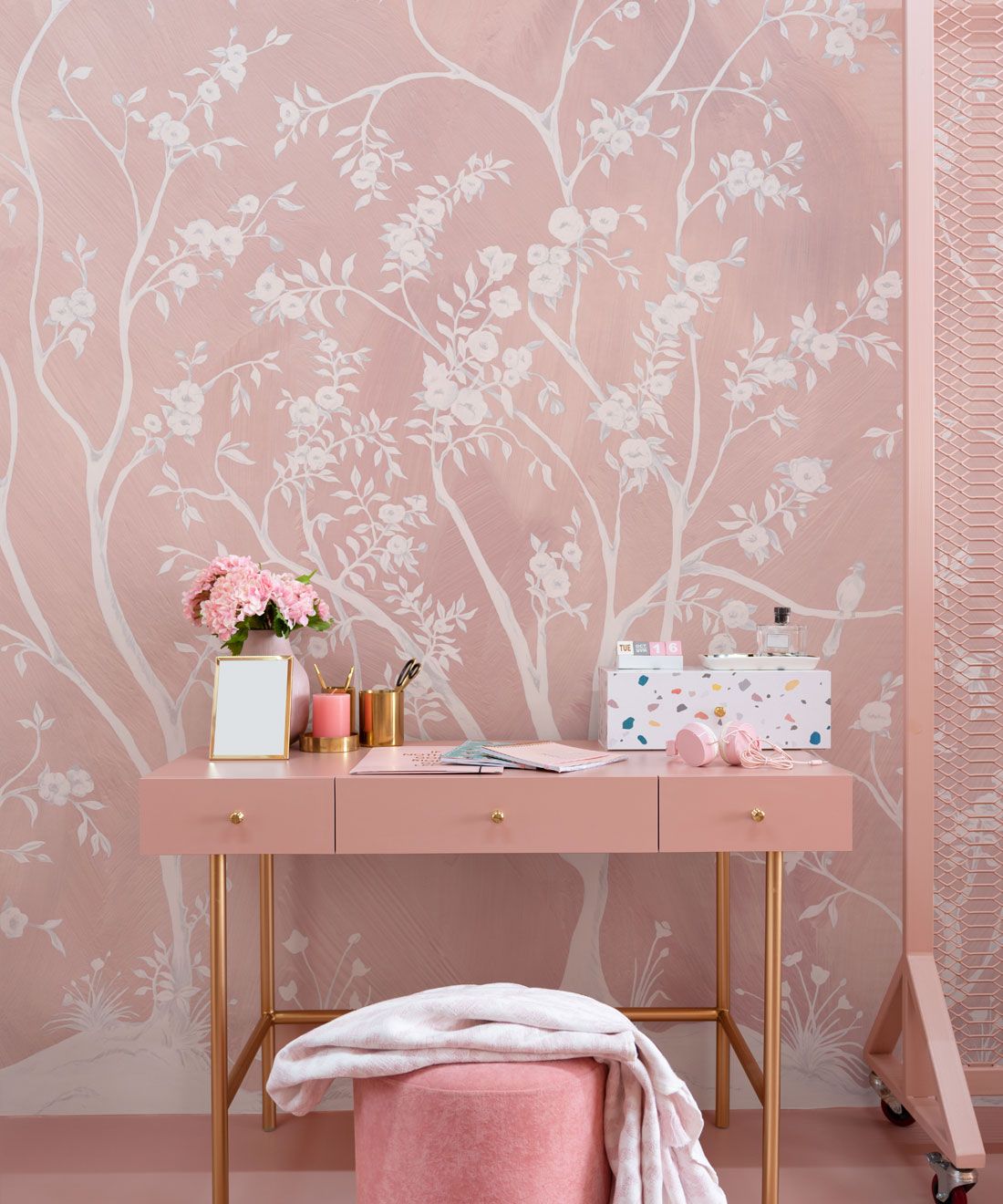Pink and White Foliage Wallpaper installed in a bedroom
