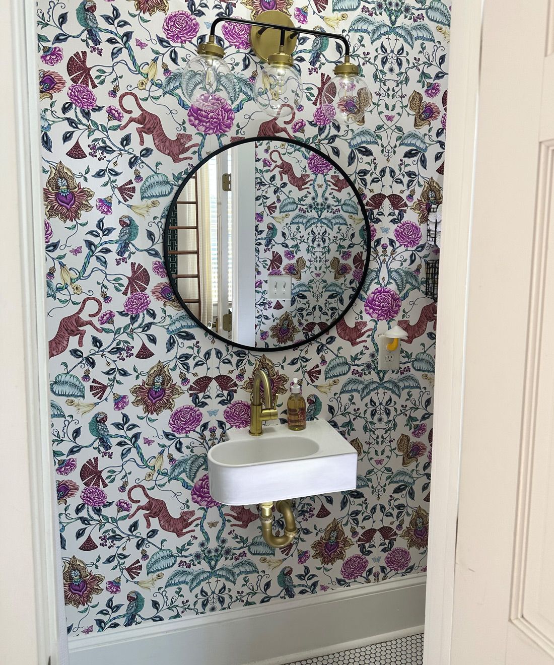 Playful Tiger Wallpaper • White • Powder Room Installation by Mallory Brame