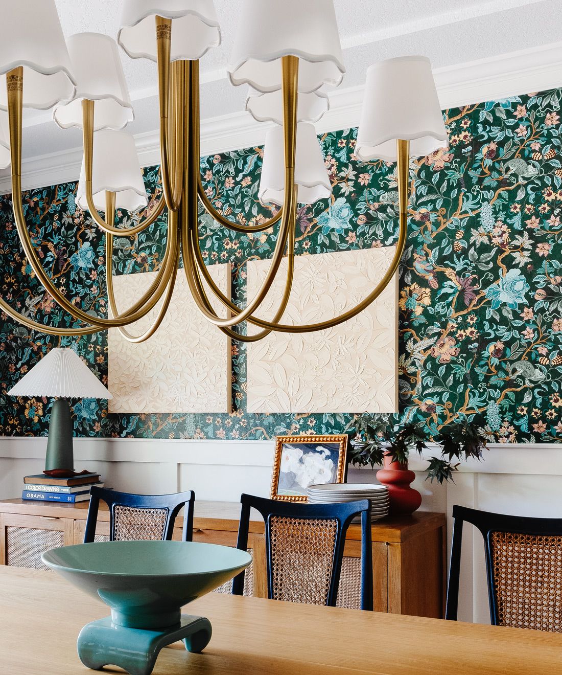 Chameleon Paradise Wallpaper • Green • Installation with dining room table • Rebecca Plumb • StudioPlumb