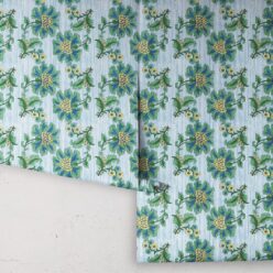 French Floral Wallpaper • Indigo Green Stripe • Rolls