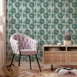 French Floral Wallpaper • Indigo Green Stripe • Insitu