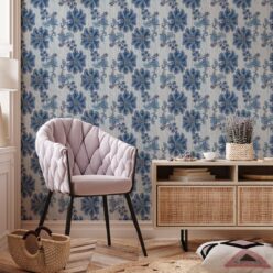 French Floral Wallpaper • Indigo Ivory Stripe • Insitu