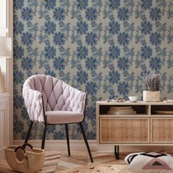 French Floral Wallpaper • Indigo Natural Stripe • Insitu