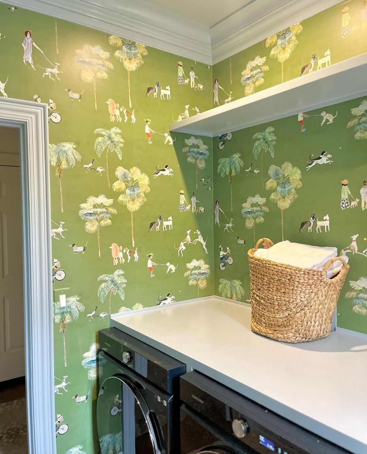 At The Dog Park Wallpaper • Green • Townsend Interiors • Laundry Room • Animal Wallpaper Blog