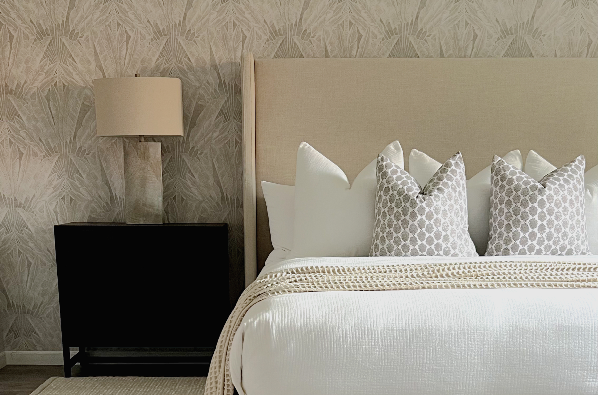 Casa Tropikana Interiors • Jamaica • Kingston 6 Dream Bedroom Makeover • Travelers Palm Wallpaper left side