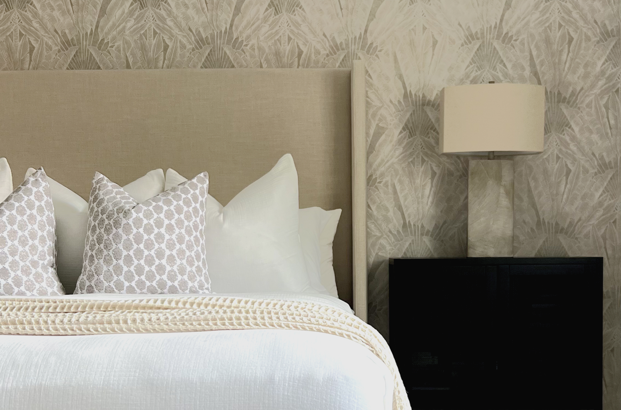 Casa Tropikana Interiors • Jamaica • Kingston 6 Dream Bedroom Makeover • Travelers Palm Wallpaper • left side